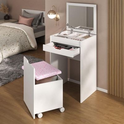 Penteadeira 54cm Com Espelho 1 Gaveta 1 Porta Basculante E Puff Multimóveis CR35251 Branco/rosa