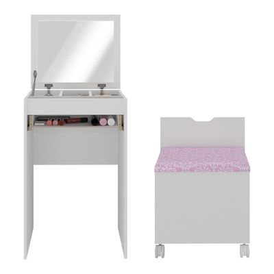 Penteadeira 54cm Com Espelho 1 Gaveta 1 Porta Basculante E Puff Multimóveis CR35251 Branco/rosa