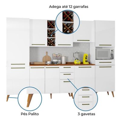 Armário De Cozinha Completa Com Adega 10 Portas 4 Gavetas Favorita Branco/nature Branco Nature
