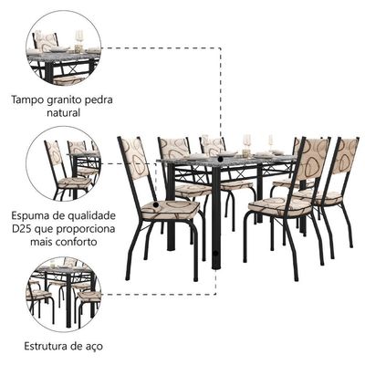 Conjunto Jantar Mesa Granito 1,40m 6 Cadeiras Preto-Cedro