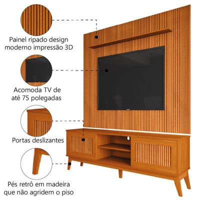 Rack Bancada King Com Painel Para Tv Até 75 Polegadas Avante Cedro Ripado Impressão 3d Edn Cedro