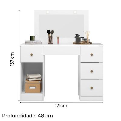 Penteadeira Com Espelho Led Camarim Sonhos 5 Gavetas 1 Porta