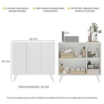 Gabinete Banheiro 3 Portas Retrô 90cm Mp5030 Branco