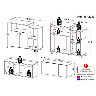 Kit Armário De Cozinha 3 Portas Com Balcão Multiuso-fruteira Multimóveis Mp2237 Branco Branco