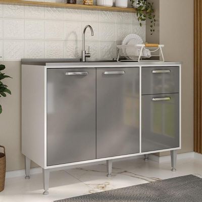 Balcão De Cozinha Gabinete Pia 105cm 3 Portas 1 Gaveta Xangai Multimóveis Mp2246 Branco/lacca Fumê