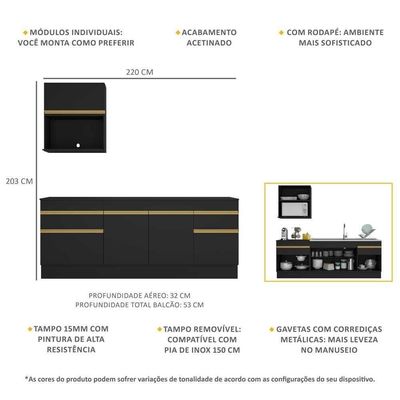 Armário Cozinha Compacta 220cm Veneza V2110 Preto/dourado
