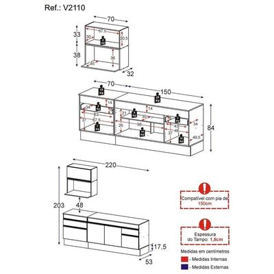 Armário Cozinha Compacta 220cm Veneza V2110 Preto/dourado