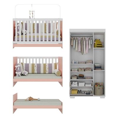 Quarto Infantil Com Berço Colchão Incluso E Guarda-roupas Algodão Doce Multimóveis Mp4248 Branco/rosa
