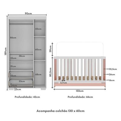 Quarto Infantil Com Berço Colchão Incluso E Guarda-roupas Algodão Doce Multimóveis Mp4248 Branco/rosa