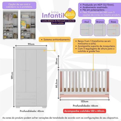 Quarto Infantil Com Berço Colchão Incluso E Guarda-roupas Algodão Doce Multimóveis Mp4248 Branco/rosa