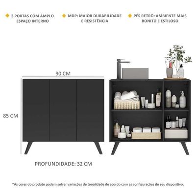 Gabinete Banheiro 3 Portas Retrô 90Cm Mp5030 Preto