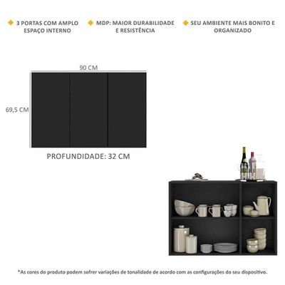 Aparador Buffet 3 Portas Veneza Multimóveis V1007 Preto