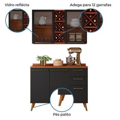 Armário De Cozinha Compacta 4 Portas 3 Gavetas Vidro Reflecta Com Adega 1,20m Favorita Preto/nature