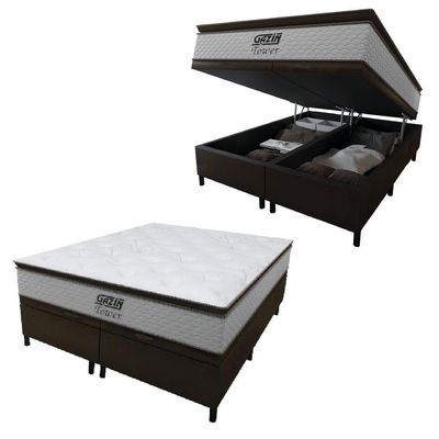 Cama Box Baú King Gazin Colchão Molas Ensacadas Com Pillow Top Tower 193x203x75cm Branco-marrom