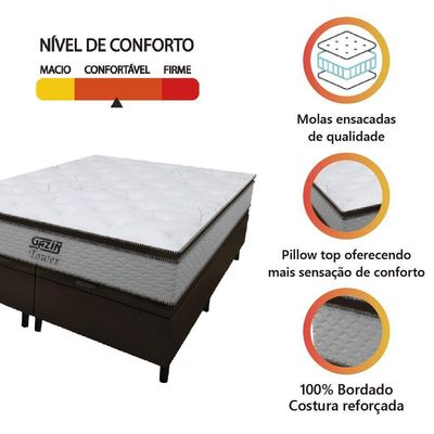 Cama Box Baú King Gazin Colchão Molas Ensacadas Com Pillow Top Tower 193x203x75cm Branco-marrom
