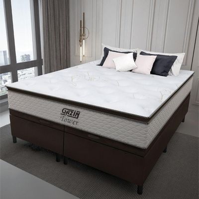 Cama Box Baú King Gazin Colchão Molas Ensacadas Com Pillow Top Tower 193x203x75cm Branco-marrom