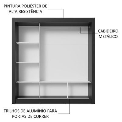Guarda-roupa Casal 3 Portas De Correr Espelho Preto