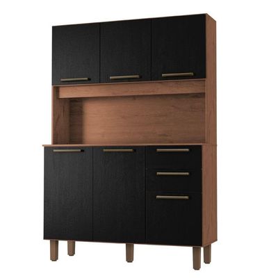 Armário De Cozinha Completa Compacta 6 Portas 2 Gavetas 1,20m Pop Nature / Preto Zanzini