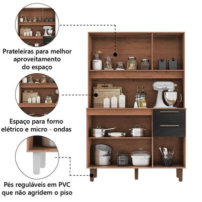Armário De Cozinha Completa Compacta 6 Portas 2 Gavetas 1,20m Pop Nature / Preto Zanzini
