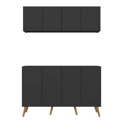 Kit Bar Armário Aéreo Aparador 4 Portas Mp1086 Preto/natural