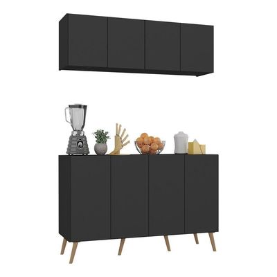 Kit Armário Cozinha Aéreo Balcão 4 Portas Mp2170 Preto/natural