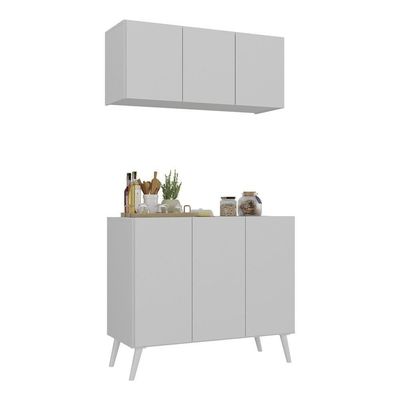 Kit Armário De Cozinha Aéreo E Balcão 3 Portas Retrô Multimóveis Mp2168 Branco Branco