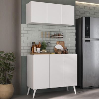 Kit Armário De Cozinha Aéreo E Balcão 3 Portas Retrô Multimóveis Mp2168 Branco Branco