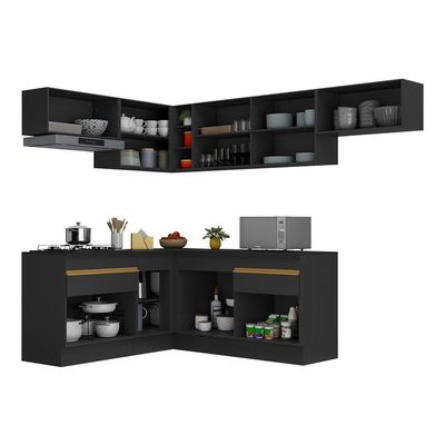 Armário De Cozinha Completa De Canto V2104 Preto/dourado