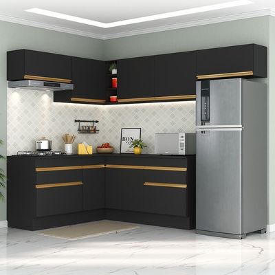 Armário De Cozinha Completa De Canto V2104 Preto/dourado