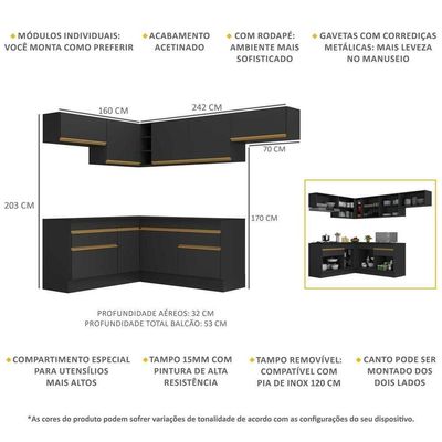 Armário De Cozinha Completa De Canto V2104 Preto/dourado
