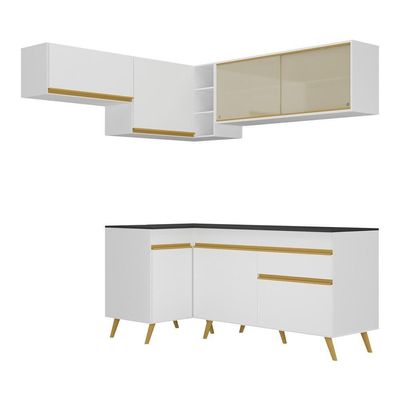 Armário De Cozinha Completa De Canto Veneza Multimóveis V2059 Branco/dourado Branco/dourado