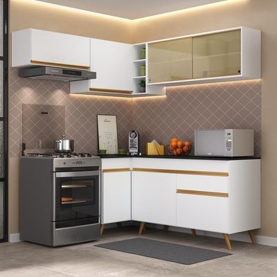 Armário De Cozinha Completa De Canto Veneza Multimóveis V2059 Branco/dourado Branco/dourado