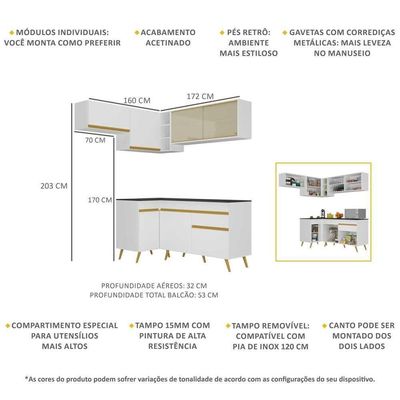 Armário De Cozinha Completa De Canto Veneza Multimóveis V2059 Branco/dourado Branco/dourado