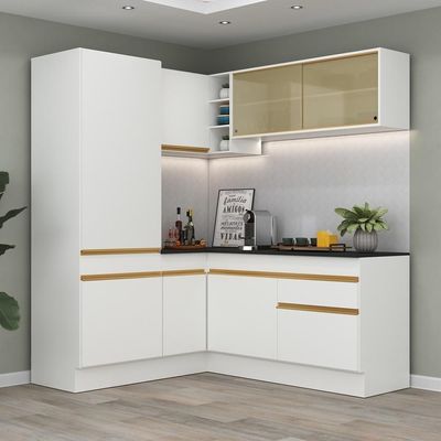 Armário De Cozinha Completa De Canto Com Rodapé Veneza Multimóveis V2088 Branco/dourado Branco/dourado