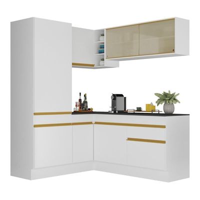 Armário De Cozinha Completa De Canto Com Rodapé Veneza Multimóveis V2088 Branco/dourado Branco/dourado