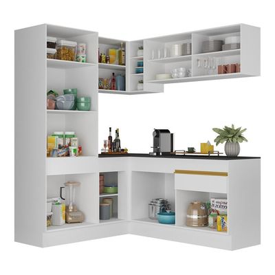 Armário De Cozinha Completa De Canto Com Rodapé Veneza Multimóveis V2088 Branco/dourado Branco/dourado