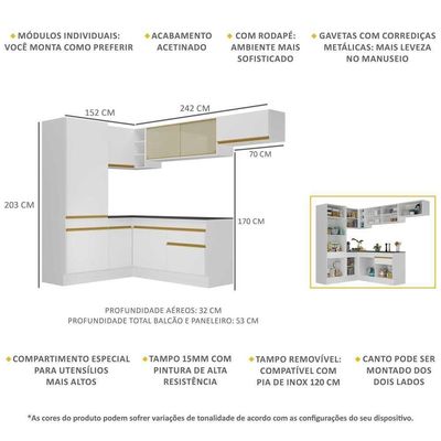 Armário De Cozinha Completa Canto Multimóveis Branco/dourado