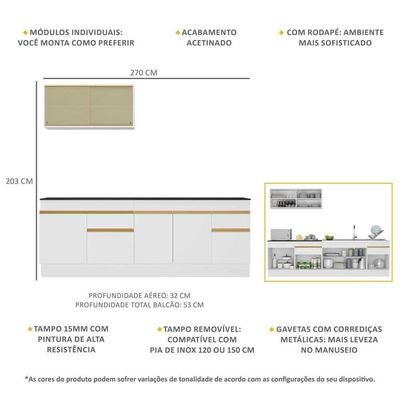 Armário De Cozinha Compacta 270cm Com Rodapé Veneza Multimóveis V2112 Branco/dourado Branco/dourado
