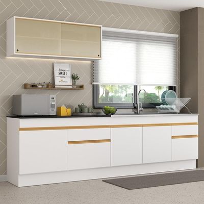 Armário De Cozinha Compacta 270cm Com Rodapé Veneza Multimóveis V2112 Branco/dourado Branco/dourado
