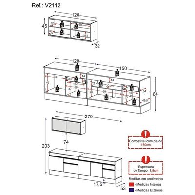 Armário De Cozinha Compacta 270cm Com Rodapé Veneza Multimóveis V2112 Branco/dourado Branco/dourado
