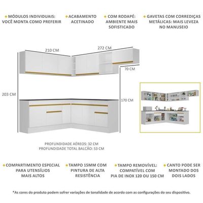 Armário De Cozinha Completa De Canto V2103 Branco/dourado