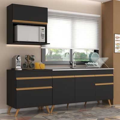 Armário De Cozinha Compacta 220cm Veneza Multimóveis V2075 Preto/dourado Preto/dourado