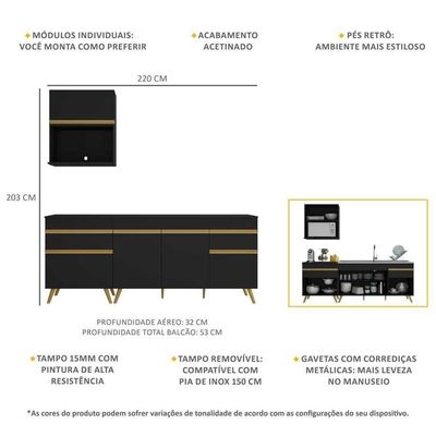 Armário De Cozinha Compacta 220cm Veneza Multimóveis V2075 Preto/dourado Preto/dourado