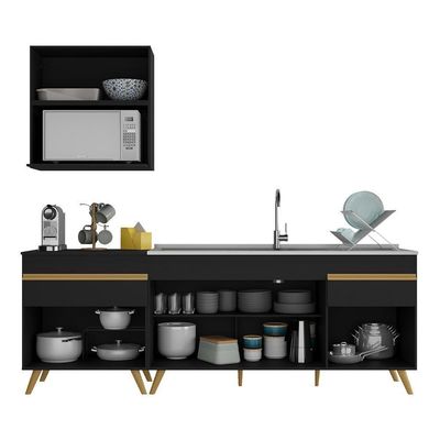 Armário De Cozinha Compacta 220cm Veneza Multimóveis V2075 Preto/dourado Preto/dourado