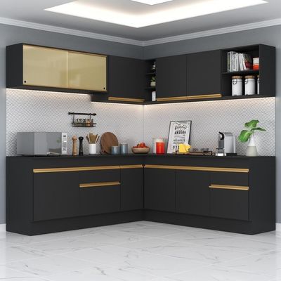Armário De Cozinha Completa De Canto V2096 Preto/dourado