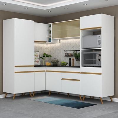 Armário De Cozinha Completa De Canto Veneza Multimóveis V2049 Branco/dourado Branco/dourado