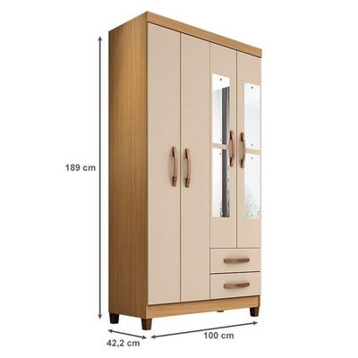 Guarda Roupa Solteiro Ambiente Modena Com Espelho 4 Portas Carvalho Americano Off White - Incorplac