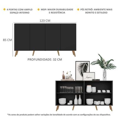 Aparador Buffet 4 Portas Retrô Veneza Multimóveis V3556 Preto/ Preto/