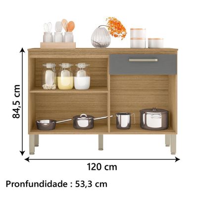 Balcão Cozinha 3 Portas 1 Gaveta Tampo 1,20m Freijo Cinza
