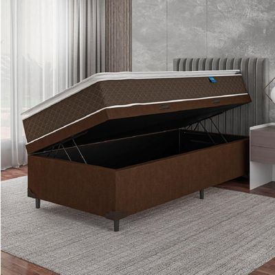 Cama Box Baú Solteiro Colchão Molas Ensacadas Pillow Top Martino 88X188X66Cm Marrom/Branco